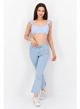 Bar III Women V-Neck Ruffle Sleeves Solid Crop Top, Blue  - Image 4