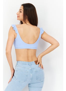 Bar III Women V-Neck Ruffle Sleeves Solid Crop Top, Blue  - Image 2