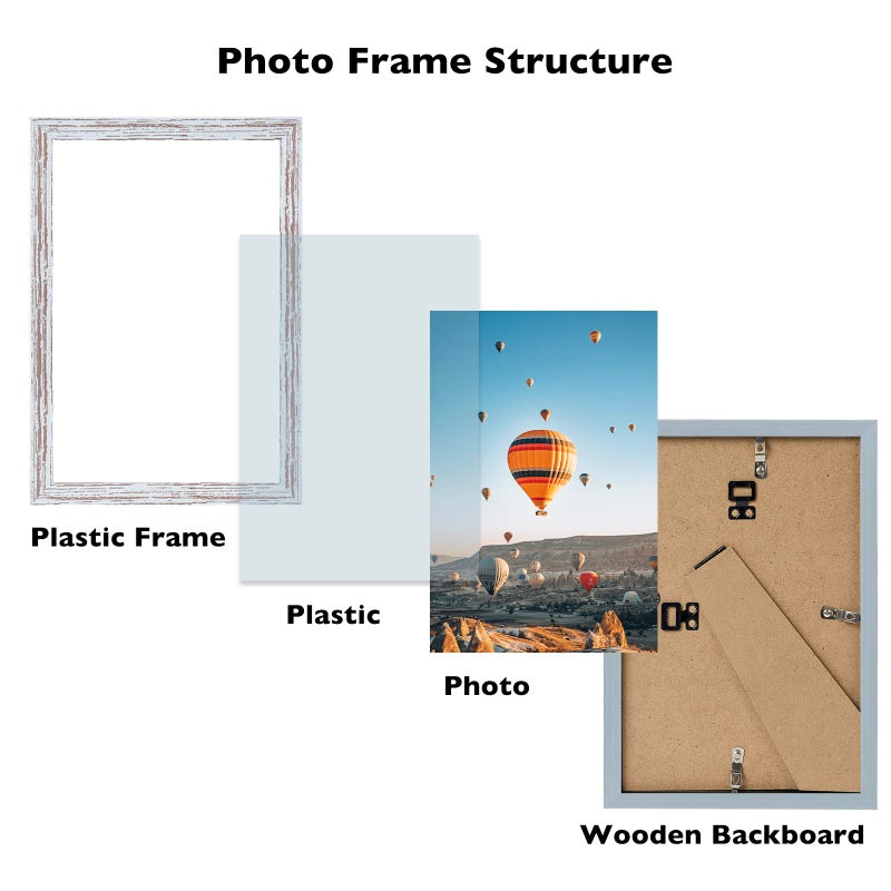 JCJMY 5.5x8.5 Picture Frame Set of 6 Rustic White for Wall Hanging or Tabletop  Wall Mounting Horizontally or Vertically  5.5 x 8.5 Wall Photo Frame with Shatter Resistant Plexiglass  6 Pack  Rustic White