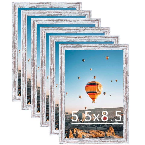 JCJMY 5.5x8.5 Picture Frame Set of 6 Rustic White for Wall Hanging or Tabletop  Wall Mounting Horizontally or Vertically  5.5 x 8.5 Wall Photo Frame with Shatter Resistant Plexiglass  6 Pack  Rustic White