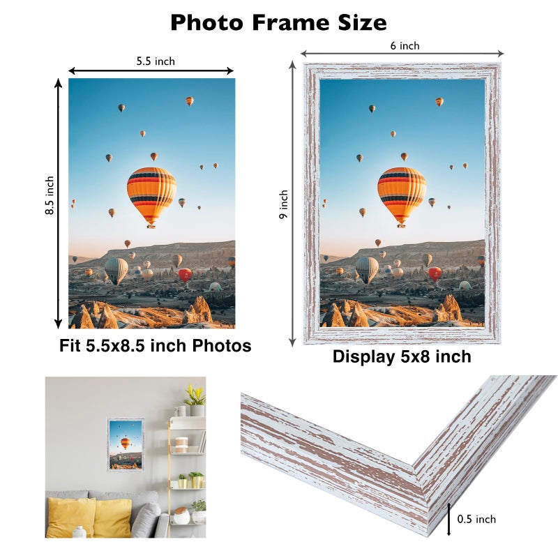 JCJMY 5.5x8.5 Picture Frame Set of 6 Rustic White for Wall Hanging or Tabletop  Wall Mounting Horizontally or Vertically  5.5 x 8.5 Wall Photo Frame with Shatter Resistant Plexiglass  6 Pack  Rustic White