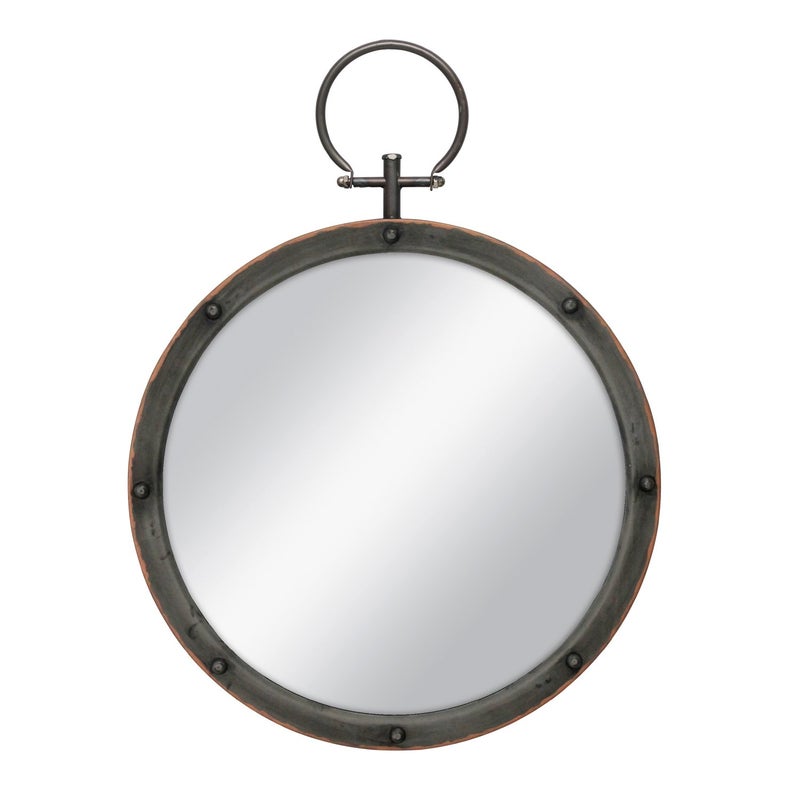 Stonebriar Round Rustic Bronze Metal Mirror with Rivet Detail Hanging Ring for Wall Industrial Home Dcor 211 x 157
