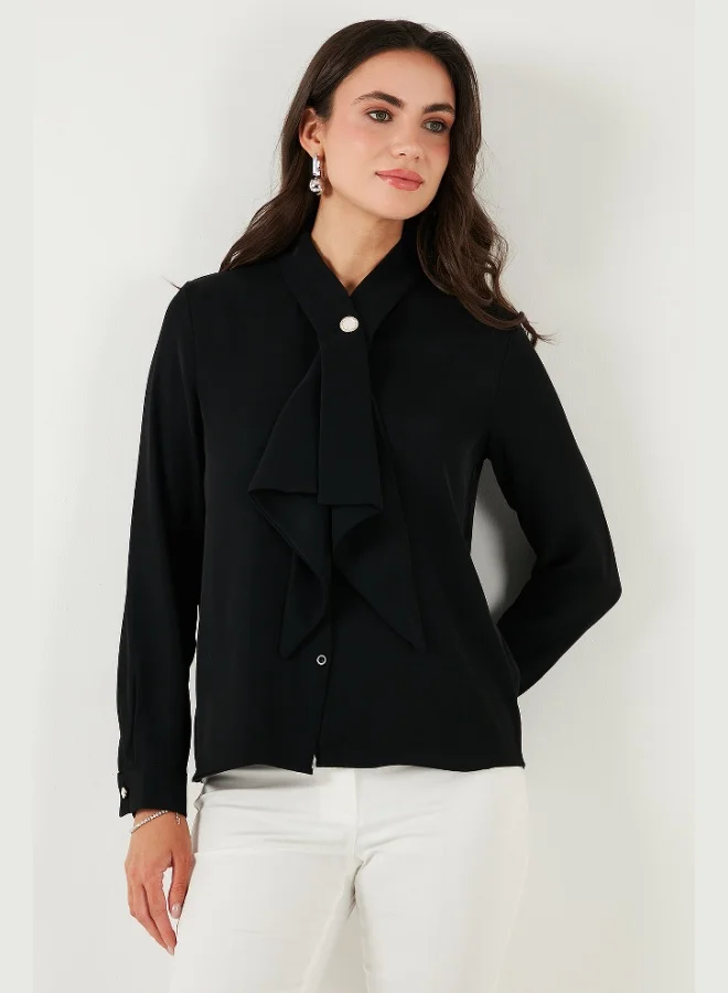 Lela Lela Standard Fit Stone Buttoned Scarf Collar Long Sleeve Shirt Women's SHIRT 611GO00333