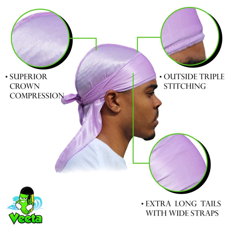 Veeta Superior Silk Durag - Smooth Silk Durag for Men & Women, Long Double Wide Straps, Outside Seam Triple Stitch Du Rag Lavender - Image 3