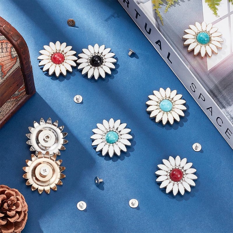klarako 16 Sets Sunflower Bag Decorative Buckle, 8 Colors Turquoise Purse Decoration Clasp Daisy Enamel Coat Buttons with Screws for Clothing Shoes Decoration DIY Leather Crafts Making Accessories, 32mm - Image 4