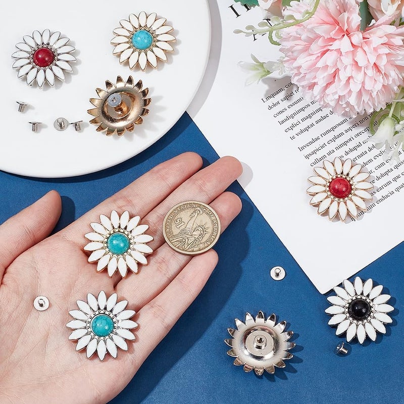 klarako 16 Sets Sunflower Bag Decorative Buckle, 8 Colors Turquoise Purse Decoration Clasp Daisy Enamel Coat Buttons with Screws for Clothing Shoes Decoration DIY Leather Crafts Making Accessories, 32mm - Image 3