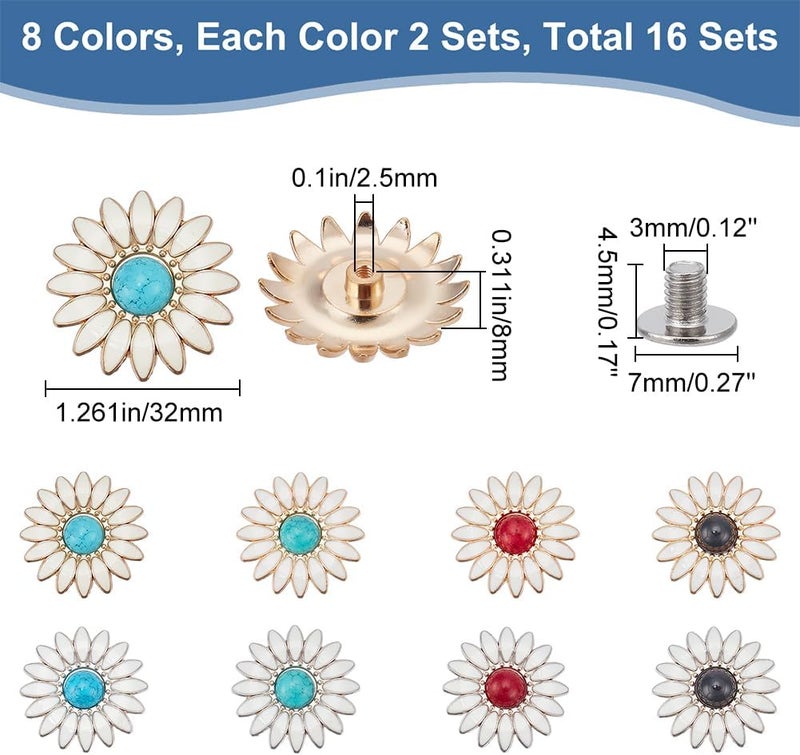 klarako 16 Sets Sunflower Bag Decorative Buckle, 8 Colors Turquoise Purse Decoration Clasp Daisy Enamel Coat Buttons with Screws for Clothing Shoes Decoration DIY Leather Crafts Making Accessories, 32mm - Image 2