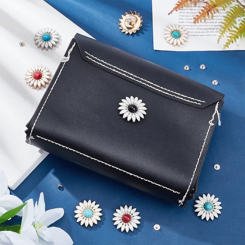 klarako 16 Sets Sunflower Bag Decorative Buckle, 8 Colors Turquoise Purse Decoration Clasp Daisy Enamel Coat Buttons with Screws for Clothing Shoes Decoration DIY Leather Crafts Making Accessories, 32mm - Image 5