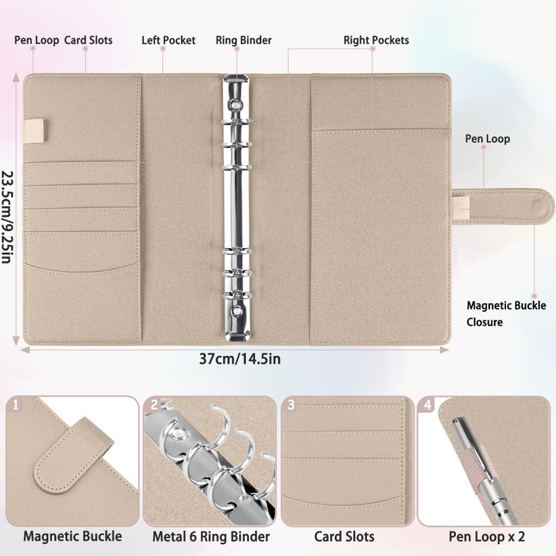 Antner A5 Binder 6 Ring Refillable Notebook Budget Planner Cover for Cash Organizer, PU Leather Loose Leaf Kpop Photocard Holder Small Binder for A5 Planner Inserts with Magnetic Buckle, Glitter Gold - Image 3