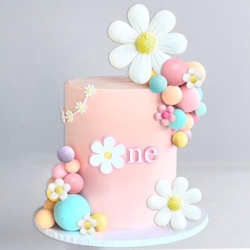 SONICEBUY 42 قطعة زينة كيك بوهيمية على شكل زهور الديزي وكريات صغيرة لتزيين الكيك - تصميم رجعي وعصري للنساء والفتيات والأطفال في حفلات أعياد الميلاد وحفلات استقبال المولود الجديد وحفلات الزفاف بلمسة هيبية - Image 1