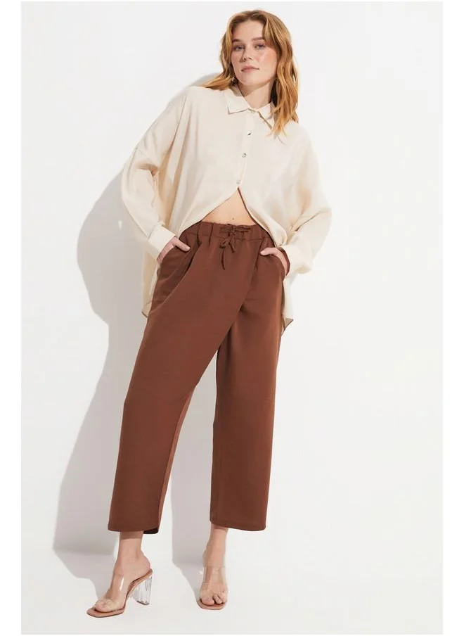 جون June Women Elastic Waist Cotton Blend Asymmetric Woven Trouser Brown