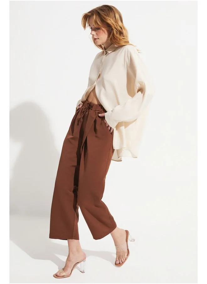 جون June Women Elastic Waist Cotton Blend Asymmetric Woven Trouser Brown
