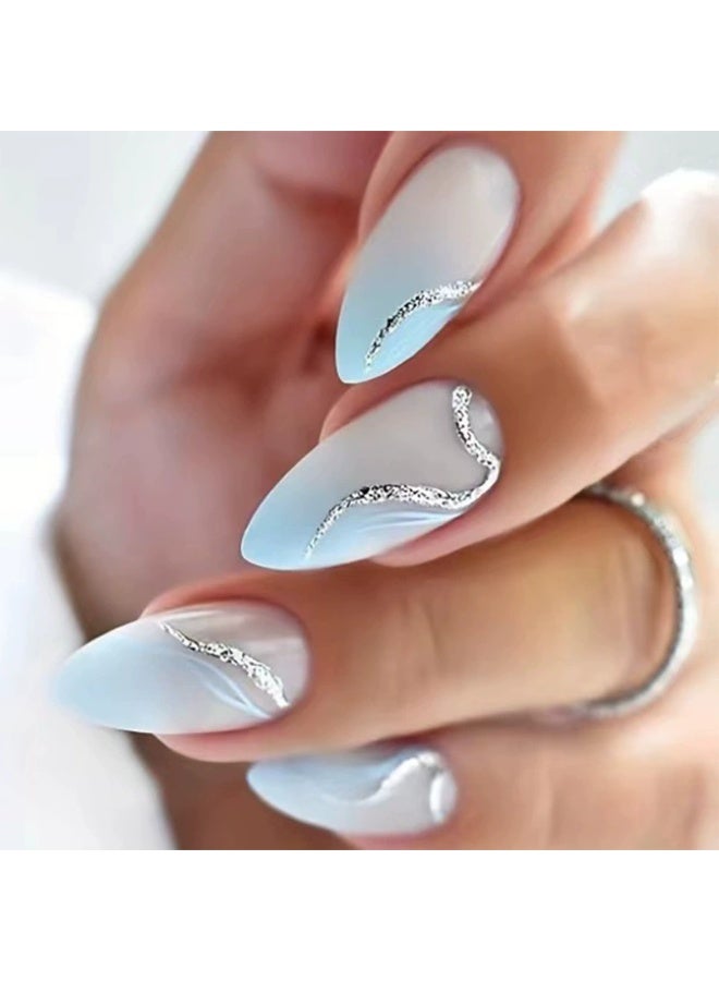 Goolsky أظافر ضغط طويلة على شكل ستيليتو باللون الأزرق الجليدي لارتداء يومي أنيق - Image 1