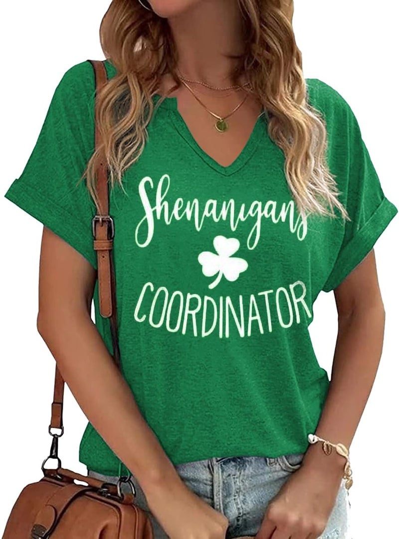 TIXOM Womens Shenanigans Coordinator V Neck Shirt St Patrick's Day Funny Lucky Irish Short Sleeve Tee Spring Graphic Tops(M,B-Green-10)