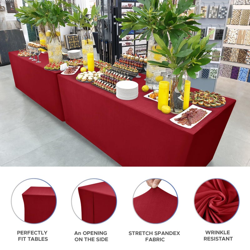 Nasitos Fitted Red Tablecloths for 8 Foot Tables - 96 x 30 Inch - 2 Pack Stretch Spandex Rectangle Table Clothes  Fabric Table Covers for Parties  Trade Show  Craft Show  Birthday - Image 3