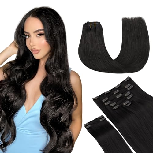 MAXITA Clip in Hair Extensions Real Human HairRemy Hair Extensions Clip ins Double Weft for WomenNatural Real Human Hair14Inch 135g 9PcsNatural Black - Image 1