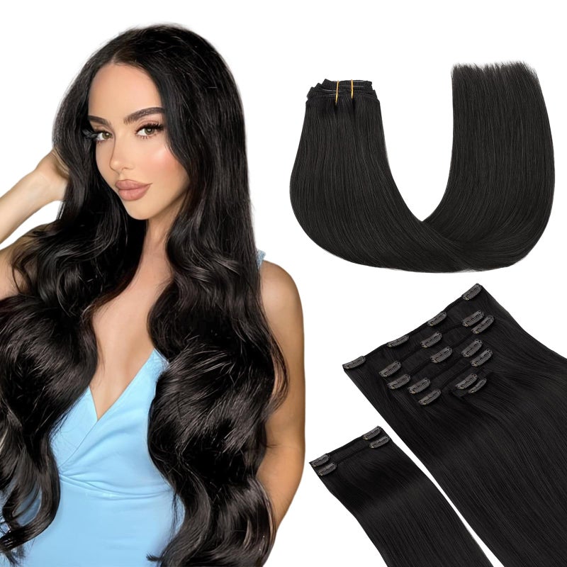 MAXITA Clip in Hair Extensions Real Human HairRemy Hair Extensions Clip ins Double Weft for WomenNatural Real Human Hair14Inch 135g 9PcsNatural Black - Image 2