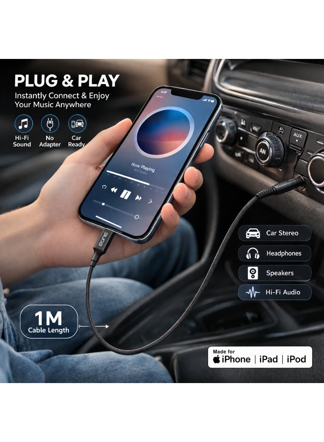 إيون كابل صوت EONE Lightning إلى AUX 3.5 ملم بطول 1 متر لأجهزة iPhone، ستيريو السيارة، سماعات الرأس، مكبرات الصوت، صوت عالي الدقة، التوصيل والتشغيل - أسود - Image 5