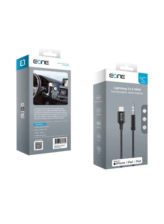 إيون كابل صوت EONE Lightning إلى AUX 3.5 ملم بطول 1 متر لأجهزة iPhone، ستيريو السيارة، سماعات الرأس، مكبرات الصوت، صوت عالي الدقة، التوصيل والتشغيل - أسود - Image 2