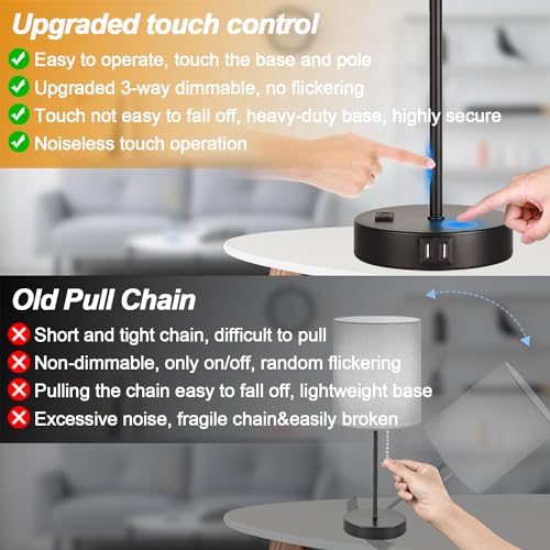 Lynnoland Set of 2 Touch Beige Table Lamps with 2 USB Ports & AC Outlet, 3-Way Dimmable Bedside Nightstand Lamps for Living Room Nursery Office Bedroom, 800 Lumens 2700K Warm Bulbs Included - Image 3