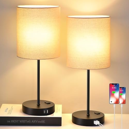 Lynnoland Set of 2 Touch Beige Table Lamps with 2 USB Ports & AC Outlet, 3-Way Dimmable Bedside Nightstand Lamps for Living Room Nursery Office Bedroom, 800 Lumens 2700K Warm Bulbs Included - Image 1