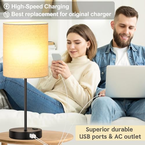 Lynnoland Set of 2 Touch Beige Table Lamps with 2 USB Ports & AC Outlet, 3-Way Dimmable Bedside Nightstand Lamps for Living Room Nursery Office Bedroom, 800 Lumens 2700K Warm Bulbs Included - Image 5