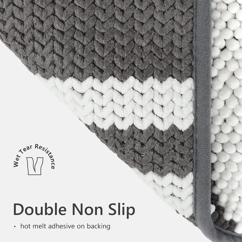Tindbea Bathroom Rugs Set 2 Piece, Extra Soft and Absorbent Fluffy Striped Chenille Bath Mat Rug Set, Non Slip Bathroom Floor Mat, Machine Washable (20" x 32" Plus 20" x 32", Dark Gray) - Image 4