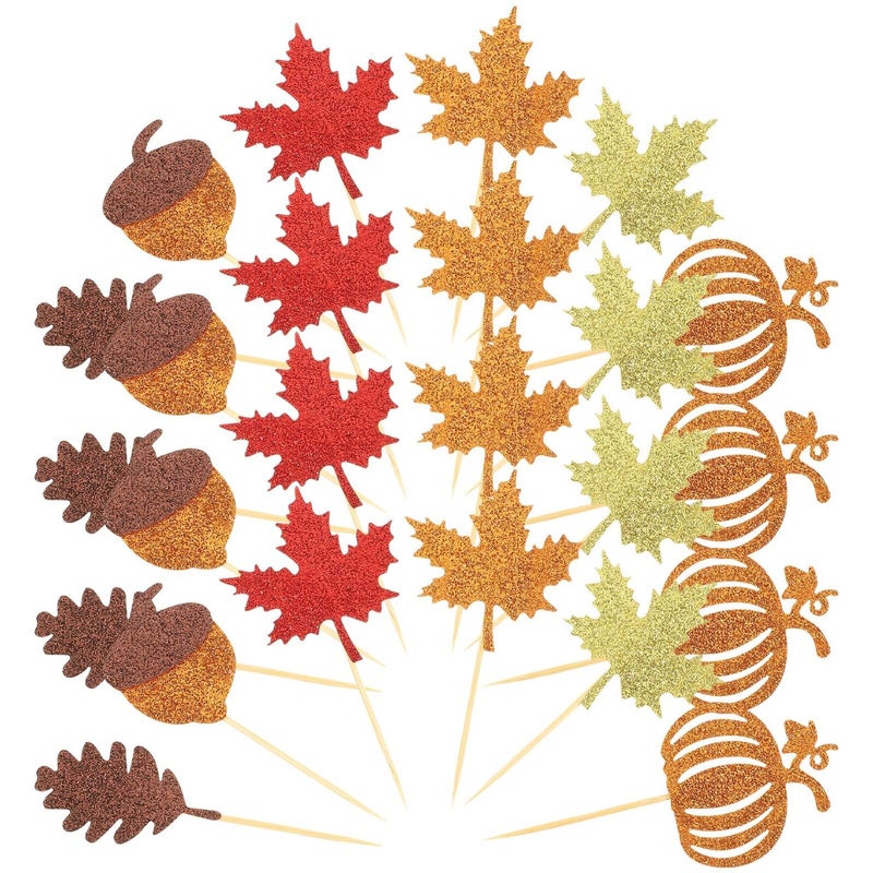 Autumn Maple Leaf Pumpkin Cake Toppers 24pcs Non Edible Baking Decorations - Image 2