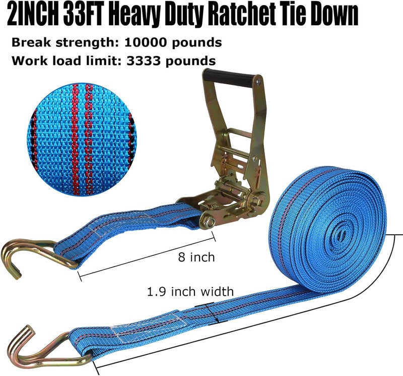 HNBun 2Pack Heavy Duty Ratchet Straps, 2in x 33ft Tie Down Straps with Double J Hook - Image 2