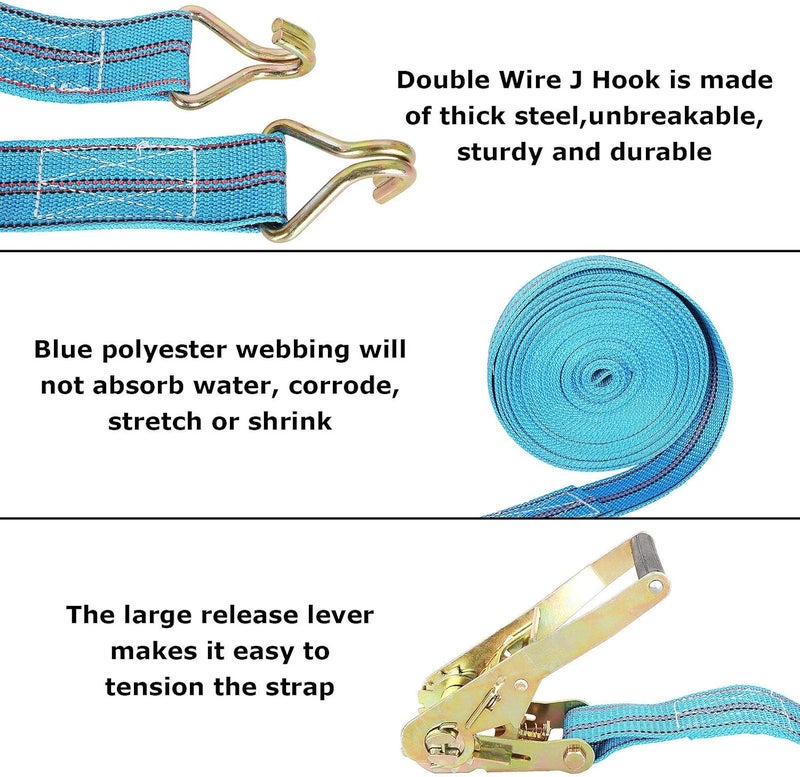 HNBun 2Pack Heavy Duty Ratchet Straps, 2in x 33ft Tie Down Straps with Double J Hook - Image 4