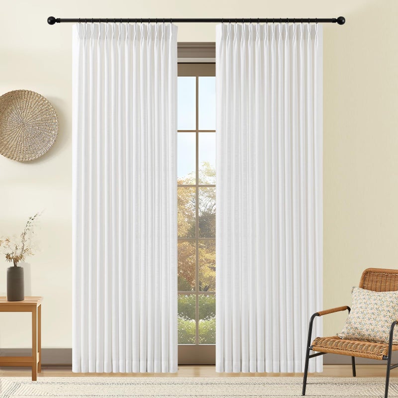 YZ HOME White Pinch Pleated Linen Curtains 84 Inches Long for Living Room, Light Filtering Pleat Drapes Textured Thick Memory Trained Elegant Semi-Sheer Curtain with Hooks for Bedroom Farmhouse, 2 Panels - Image 1