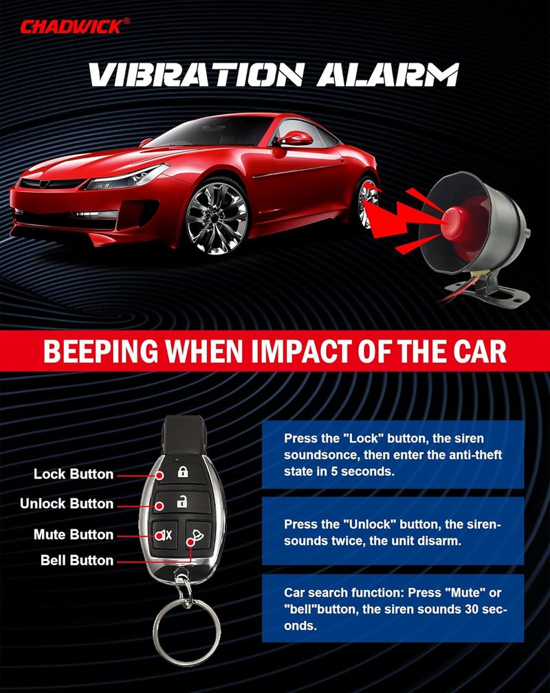 CHADWICK Car Horn Siren Alarm,Universal Car Alarm Security Protection System with 2 Remote Controls,7-Level Sensitivity,12v,Anti-Theft Device,No Thread Trimmin,Non-Destructive Installation (CW-8173) - Image 3