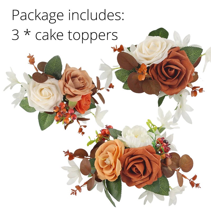 Rinlong 3Pcs Cake Topper Set Artificial Flowers for Cake Decor Burnt Orange Fall Wedding Cake Decorating Flowers for Baby Shower Birthday Party - Image 5