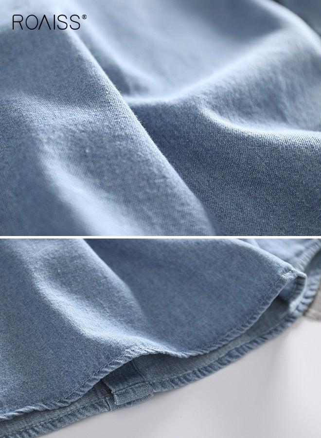 roaiss Men's Fitted Denim Shirt, Retro Button-Down Collar Double-Pocket Long-Sleeved Shirt, Breathable Wrinkle-Free Casual Shirt for Couples, Light Blue - Image 4