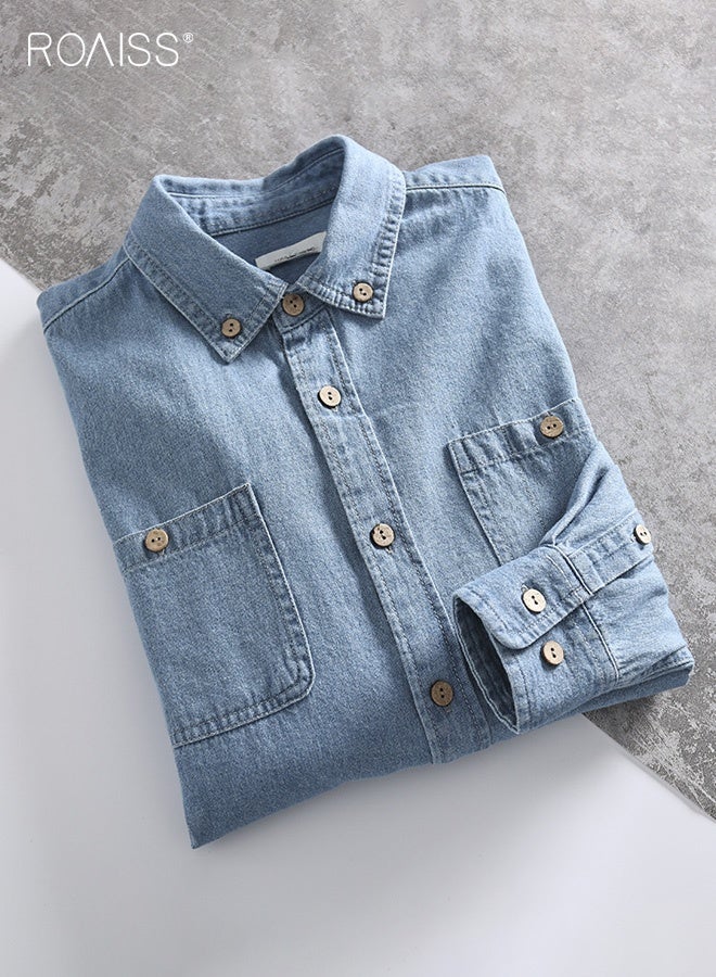 roaiss Men's Fitted Denim Shirt, Retro Button-Down Collar Double-Pocket Long-Sleeved Shirt, Breathable Wrinkle-Free Casual Shirt for Couples, Light Blue - Image 2