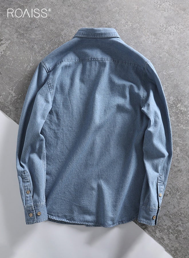 roaiss Men's Fitted Denim Shirt, Retro Button-Down Collar Double-Pocket Long-Sleeved Shirt, Breathable Wrinkle-Free Casual Shirt for Couples, Light Blue - Image 3