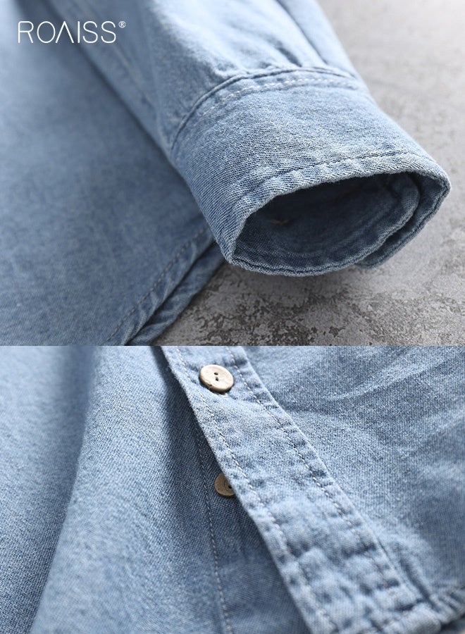 roaiss Men's Fitted Denim Shirt, Retro Button-Down Collar Double-Pocket Long-Sleeved Shirt, Breathable Wrinkle-Free Casual Shirt for Couples, Light Blue - Image 5