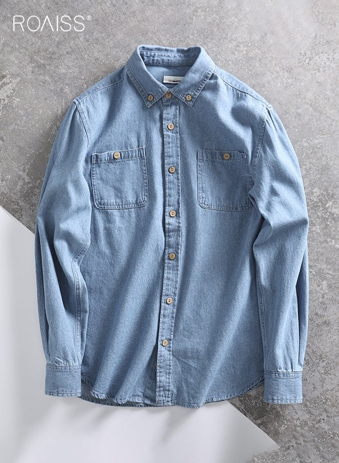 roaiss Men's Fitted Denim Shirt, Retro Button-Down Collar Double-Pocket Long-Sleeved Shirt, Breathable Wrinkle-Free Casual Shirt for Couples, Light Blue - Image 1
