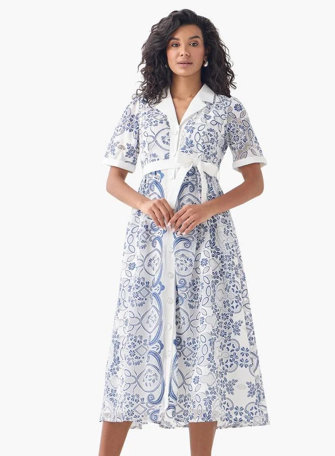 2Xtremz 2Xtremz Lace Detail Shirt Dress with Notch Collar and Tie-Up Belt