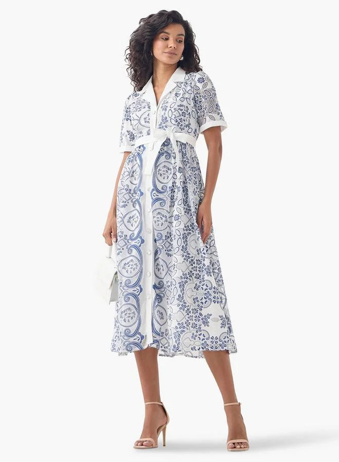 2Xtremz 2Xtremz Lace Detail Shirt Dress with Notch Collar and Tie-Up Belt