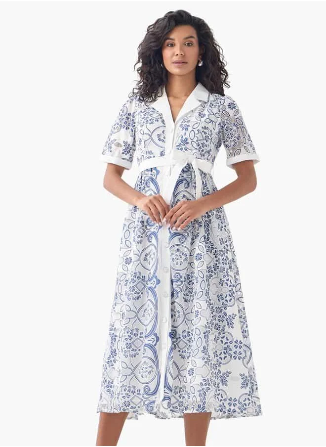 2Xtremz 2Xtremz Lace Detail Shirt Dress with Notch Collar and Tie-Up Belt