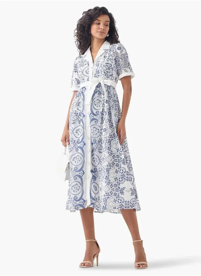 2Xtremz 2Xtremz Lace Detail Shirt Dress with Notch Collar and Tie-Up Belt