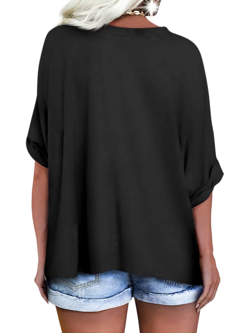 Langwyqu Women's Oversized T Shirts V Neck Short Sleeve Summer Casual Loose Tops Tees Black - Image 2