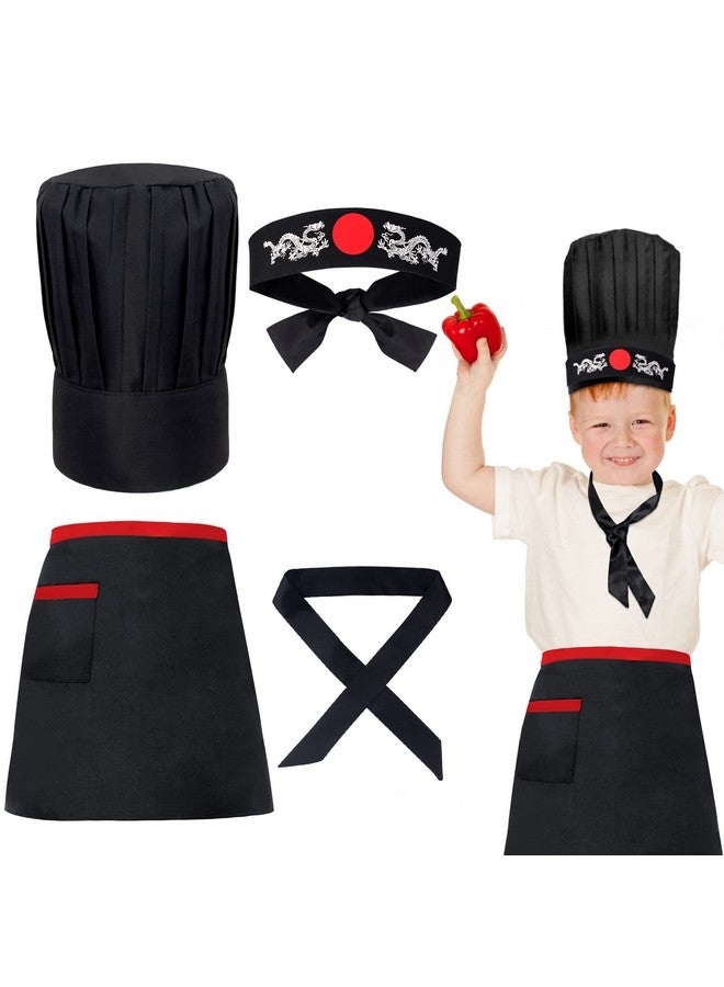 Keymall Kids Hibachi Chef Hat Teppanyaki Tall Chef Cap With Hachimaki Headband Tie Apron for Hibachi Birthday Party Costume(black) - Image 1