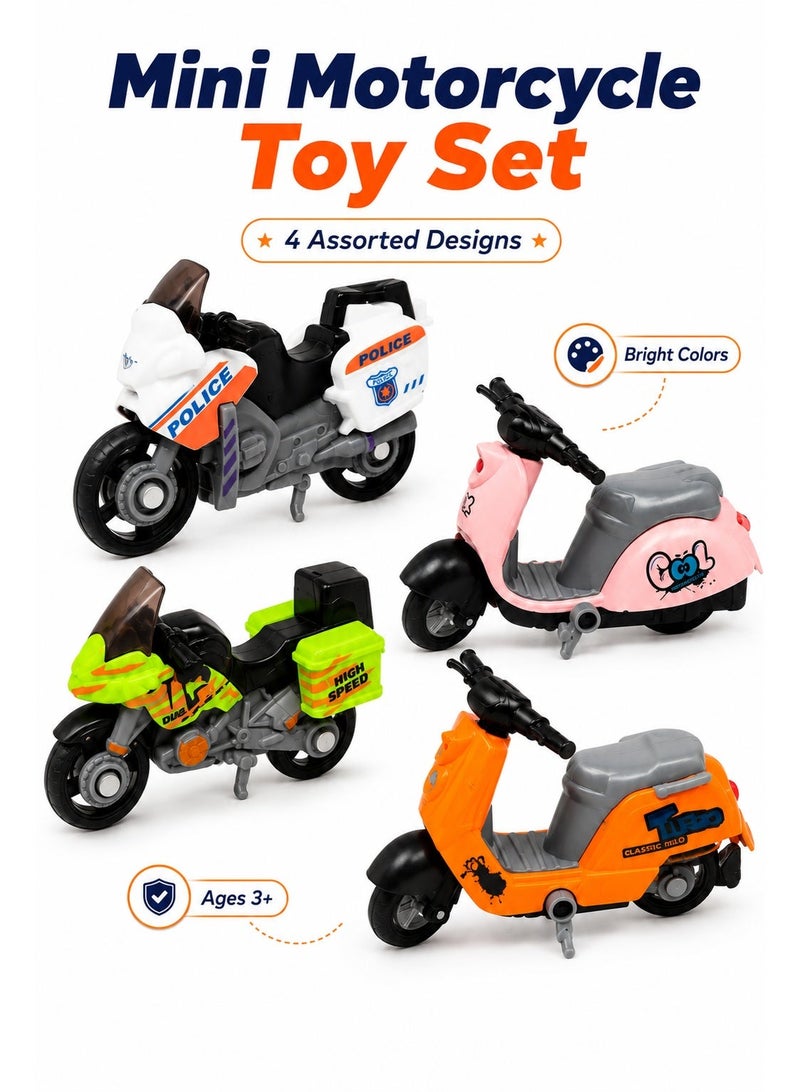Mini Motorcycle Toy Set 4Pcs, Assorted Die Cast Style Bike & Scooter Toys for Kids Ages 3+, Mini Vehicle Pretend Play Set with Police Motorcycle, Sport Bike and Colorful Scooters - Image 3