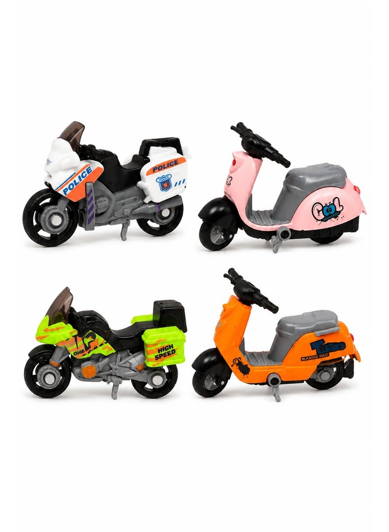 Mini Motorcycle Toy Set 4Pcs, Assorted Die Cast Style Bike & Scooter Toys for Kids Ages 3+, Mini Vehicle Pretend Play Set with Police Motorcycle, Sport Bike and Colorful Scooters - Image 1