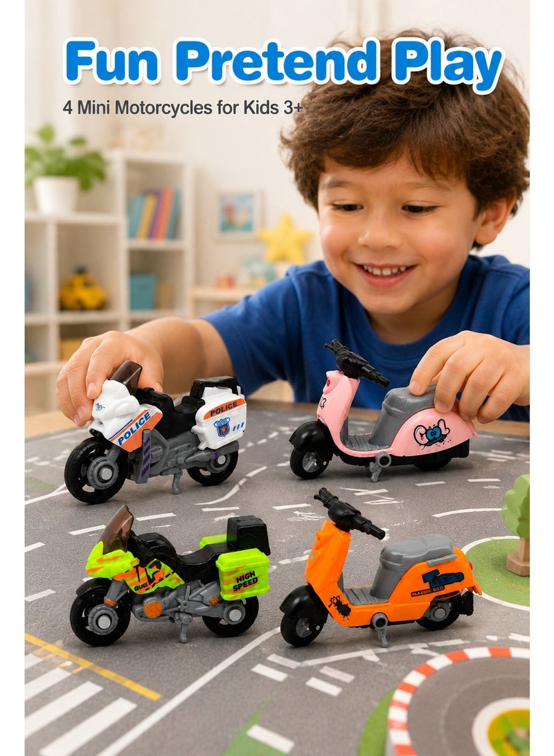 Mini Motorcycle Toy Set 4Pcs, Assorted Die Cast Style Bike & Scooter Toys for Kids Ages 3+, Mini Vehicle Pretend Play Set with Police Motorcycle, Sport Bike and Colorful Scooters - Image 4