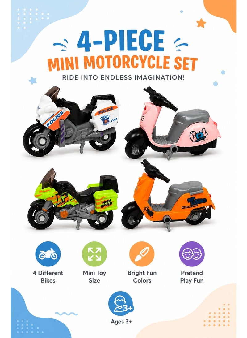 Mini Motorcycle Toy Set 4Pcs, Assorted Die Cast Style Bike & Scooter Toys for Kids Ages 3+, Mini Vehicle Pretend Play Set with Police Motorcycle, Sport Bike and Colorful Scooters - Image 5