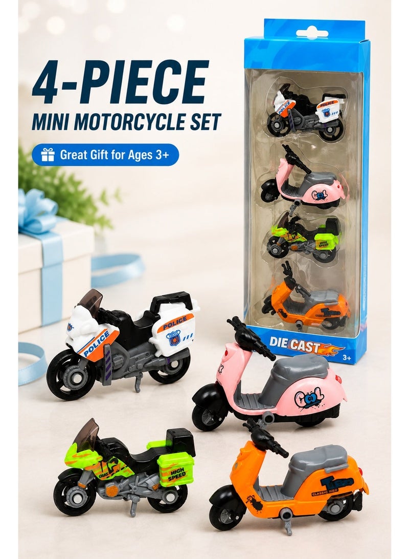 Mini Motorcycle Toy Set 4Pcs, Assorted Die Cast Style Bike & Scooter Toys for Kids Ages 3+, Mini Vehicle Pretend Play Set with Police Motorcycle, Sport Bike and Colorful Scooters - Image 2