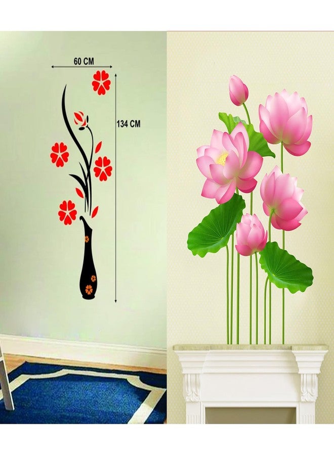 WALLBOOK Set of 2 Wall Stickers Flower Vase Red | Lotus Flowers for Home, Hall, Bedroom, Livingroom & Kitchen - Image 1